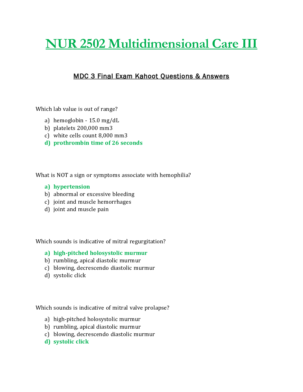 Preview image for NUR 2502 / NUR2502 Final Exam Kahoot Questions & Answers Updated: Multidimensional Care III / MDC 3 - Rasmussen